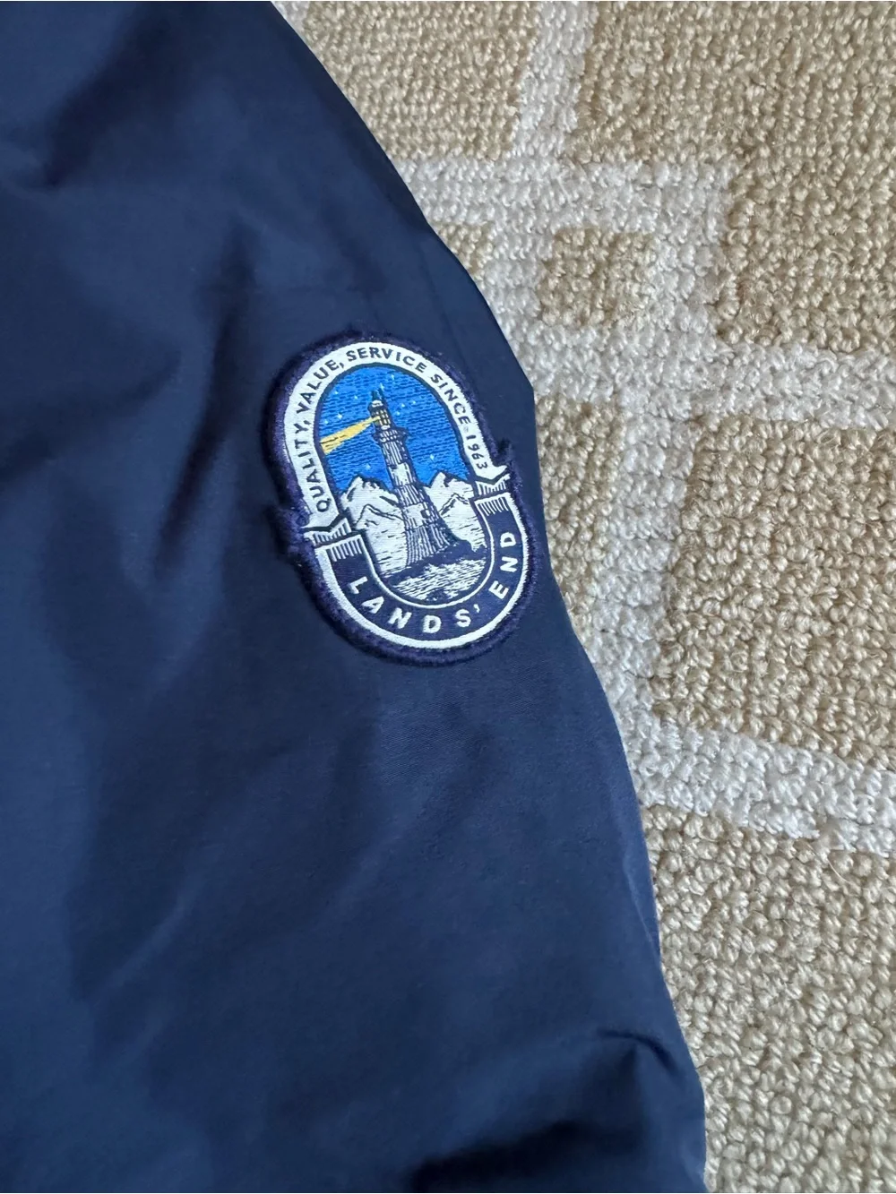 Lands’ End Kids Down Parka Sherpa Lined Hooded Coat Navy Yellow Medium 10-12